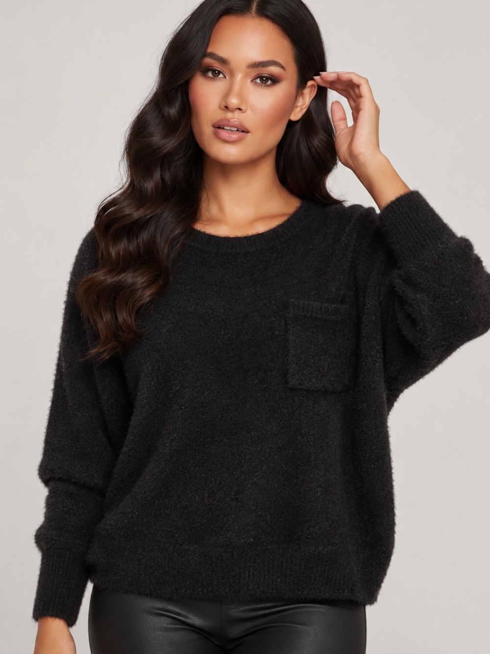 Caslon Black Fuzzy Crewneck Pocket Sweater
